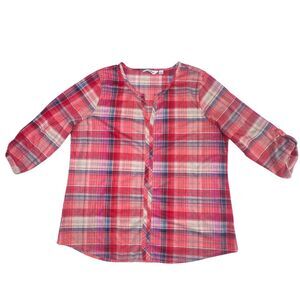 Indigo Top XL Red Pink Plaid Tartan Check Roll Tab Sleeve Boho Casual Blouse